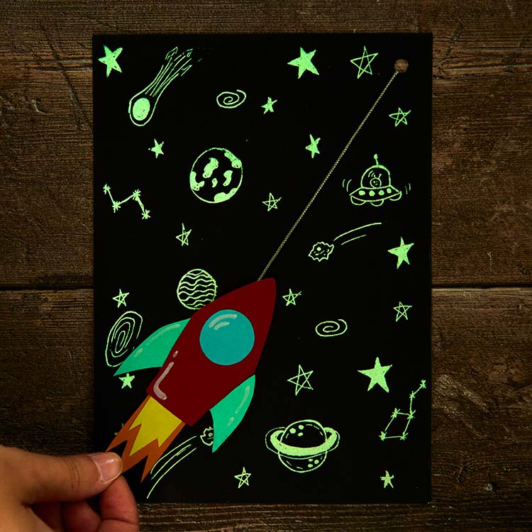 Glow In The Dark Space Rocket Scratch Art Scene